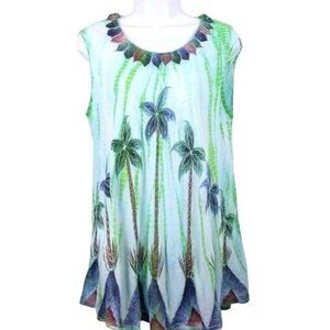 Shoreline Women's Blue, Green, & Brown tank w/ Palm trees Size M